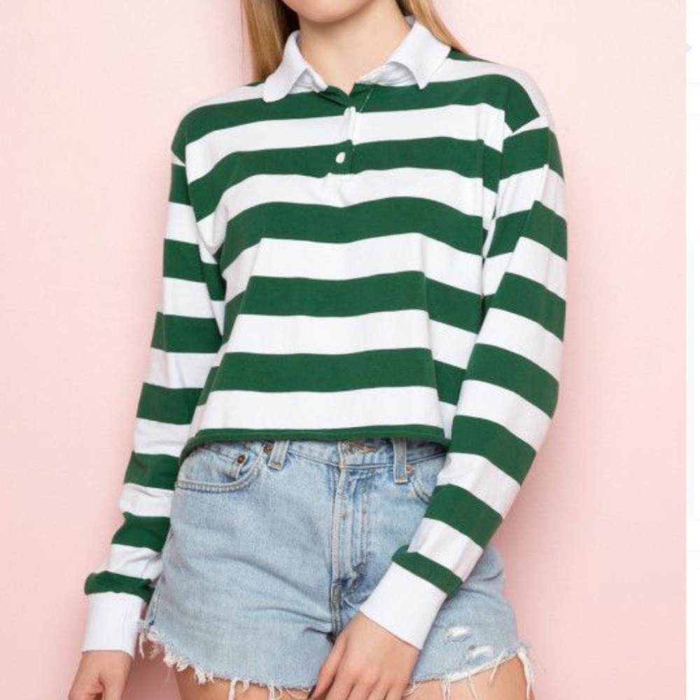 BRANDY MELVILLE GREEN&WHITE STRIPED COLLARED SHIRT